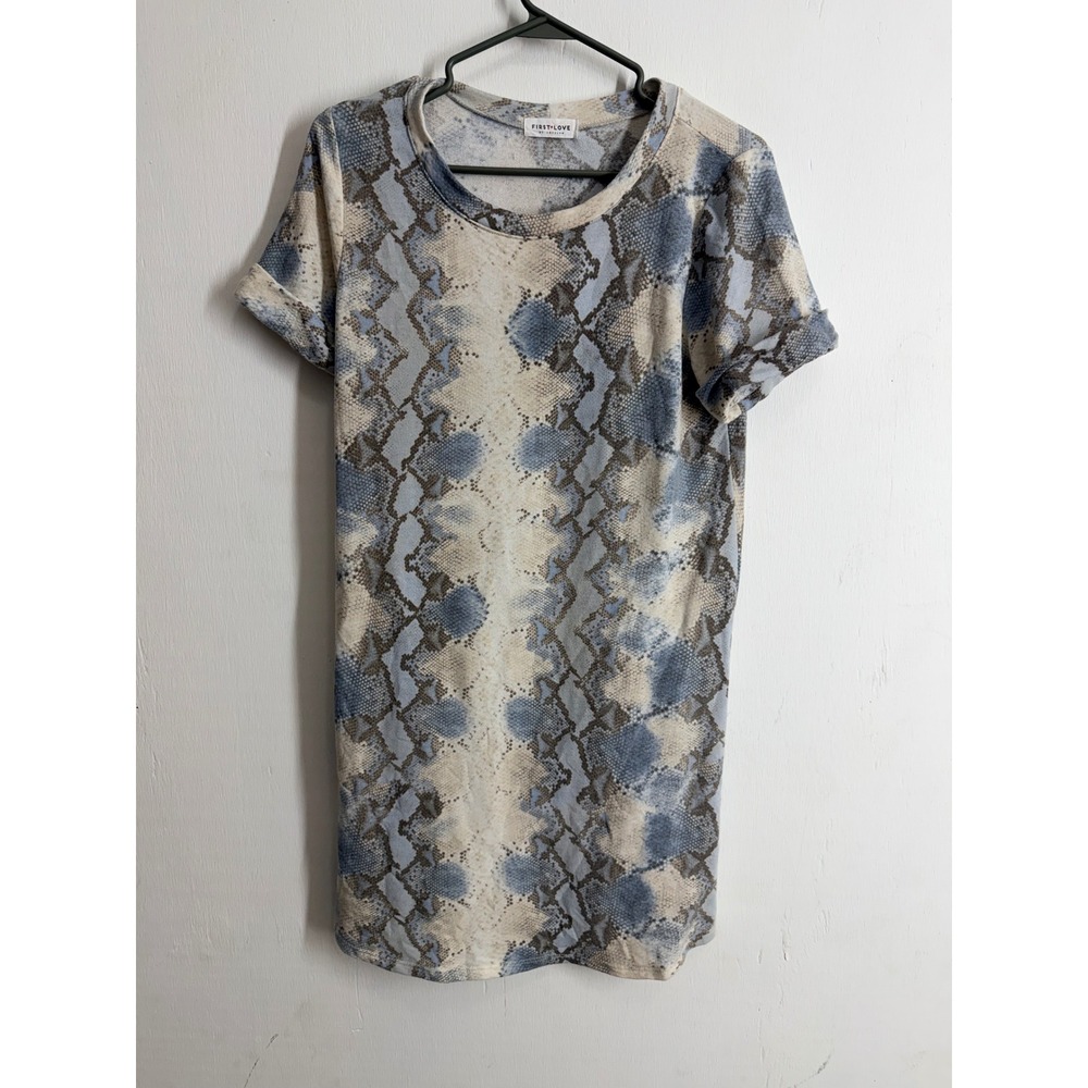 First Love by Lovelyn Snakeskin Print T-Shirt Dress Blue Tan Short Sleeve Mini